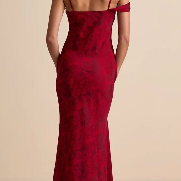 Lulus Minnie Red Satin Jacquard Asymmetrical Maxi Dress - Size S - Picture 3 of 3